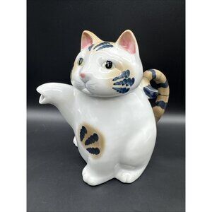 Vintage Henriksen Japan Ceramic Tabby Cat Kitty Teapot Kitschy Stripe Lucky